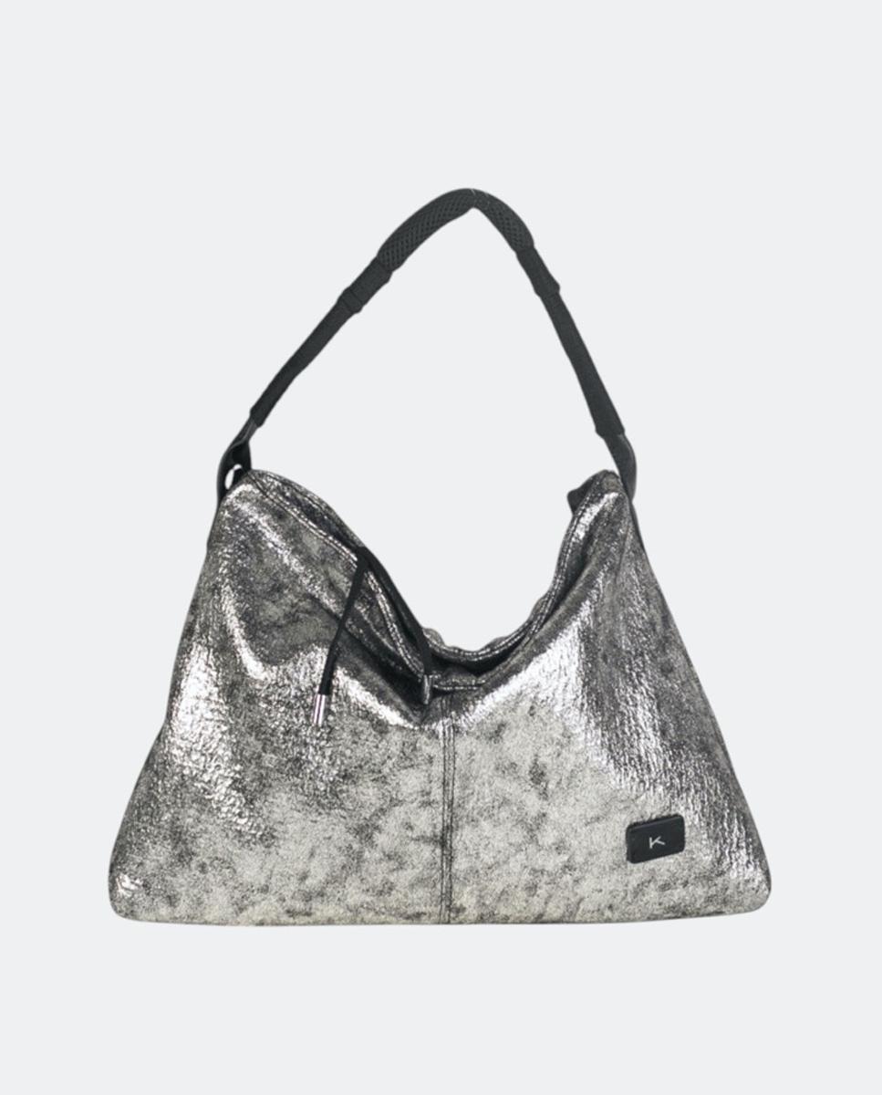 Mala Tipo Hobo com Efeito Metalizado e Fecho de Correr Prata-1
