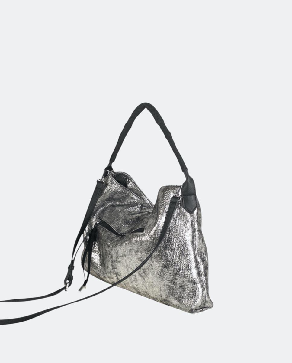Mala Tipo Hobo com Efeito Metalizado e Fecho de Correr Prata-2