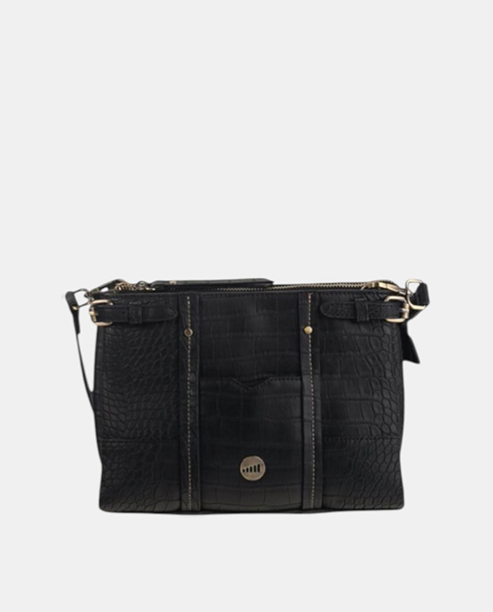 Mala a Tiracolo em PU Croco com Fecho de Correr Preto-1