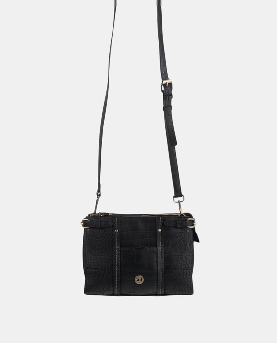 Mala a Tiracolo em PU Croco com Fecho de Correr Preto-4