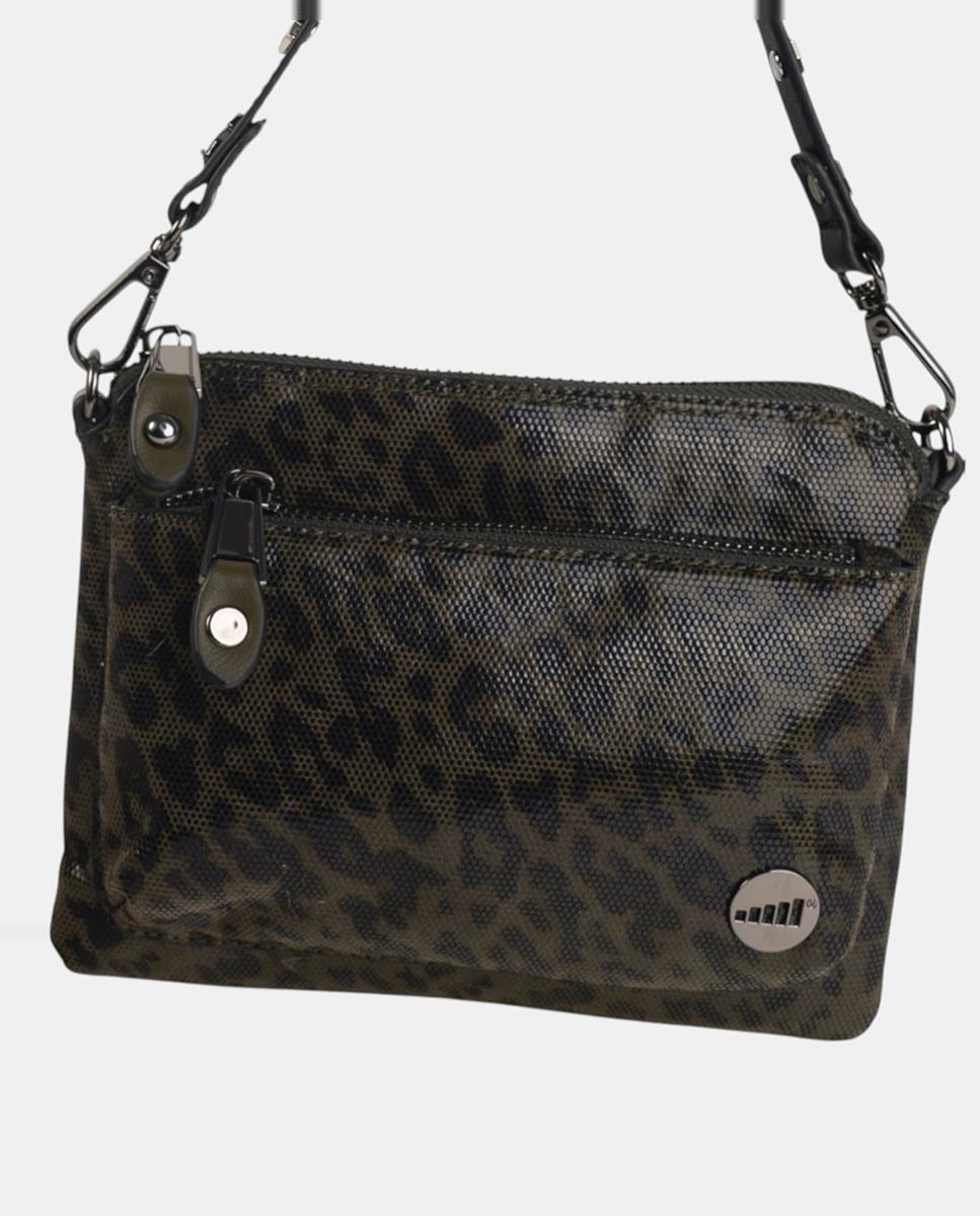 Mala a Tiracolo em PU Flexível em Animal Print de Leopardo e Fecho de Correr Caqui-3