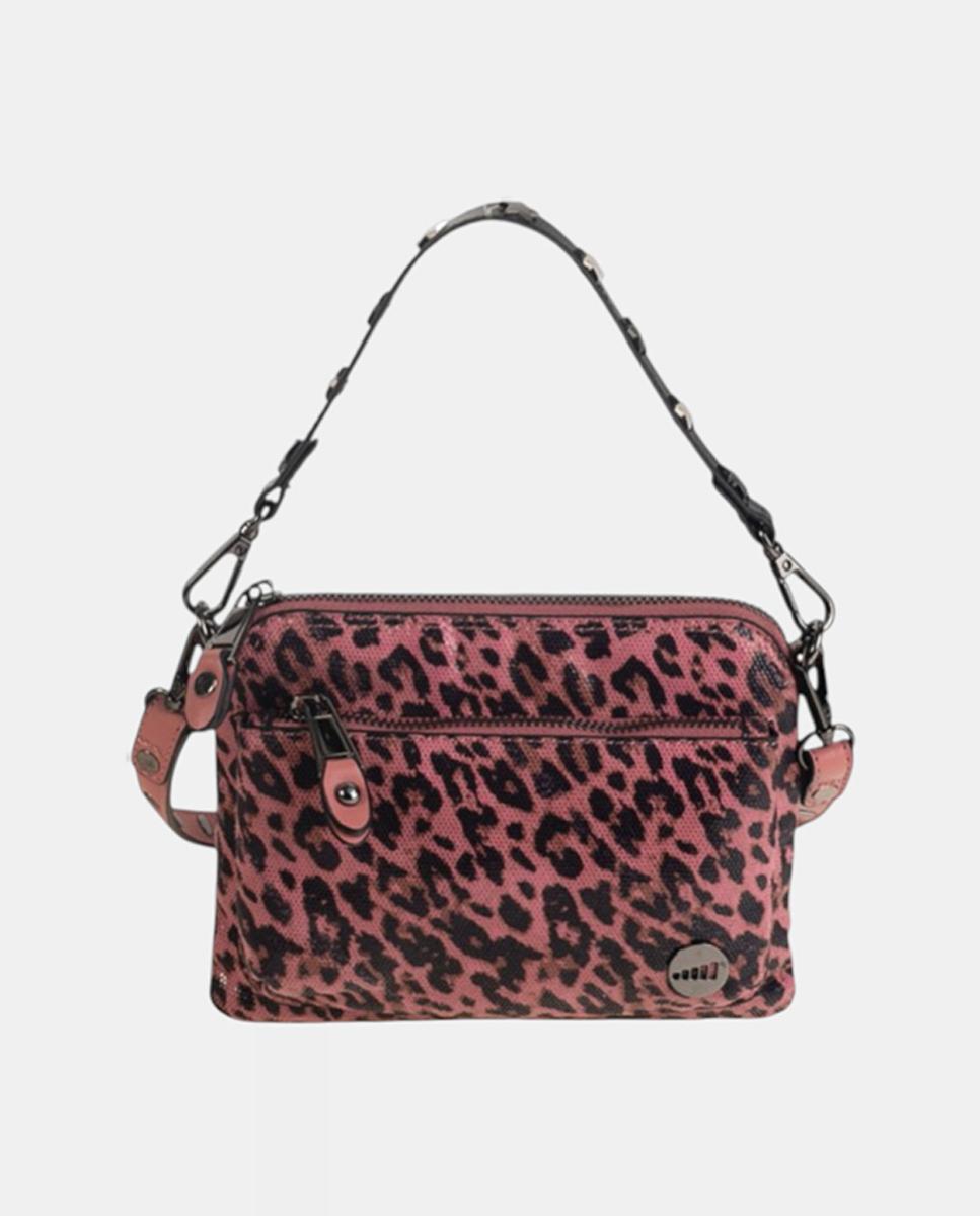 Mala a Tiracolo em PU Flexível em Animal Print de Leopardo e Fecho de Correr Rosa-1