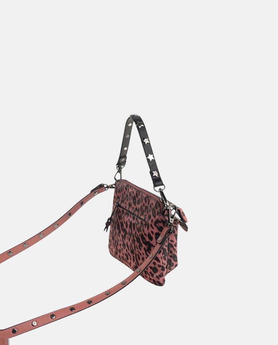 Mala a Tiracolo em PU Flexível em Animal Print de Leopardo e Fecho de Correr Rosa-2