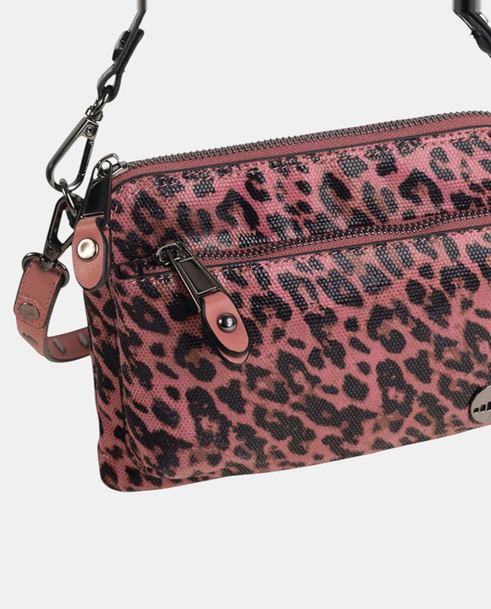 Mala a Tiracolo em PU Flexível em Animal Print de Leopardo e Fecho de Correr Rosa-3