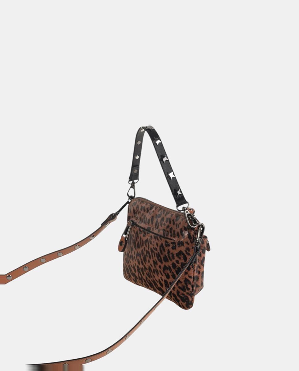 Mala a Tiracolo em PU Flexível em Animal Print de Leopardo e Fecho de Correr Castanho-2