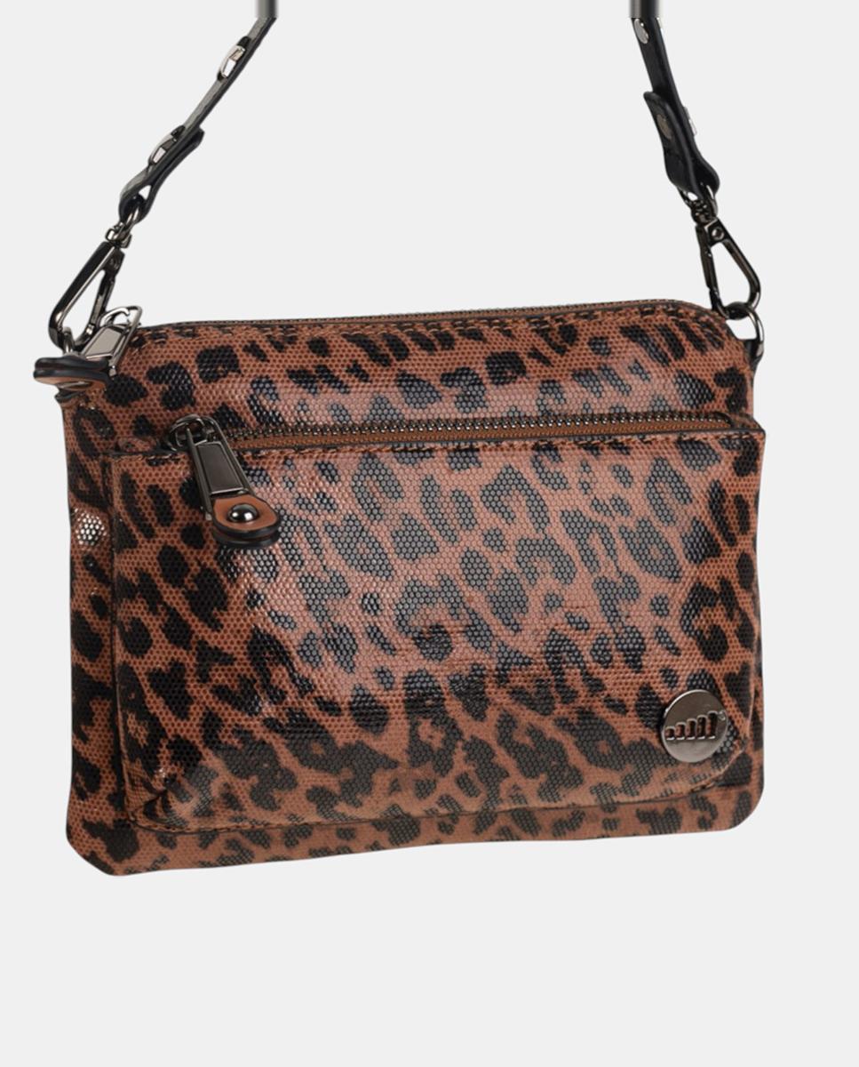 Mala a Tiracolo em PU Flexível em Animal Print de Leopardo e Fecho de Correr Castanho-3