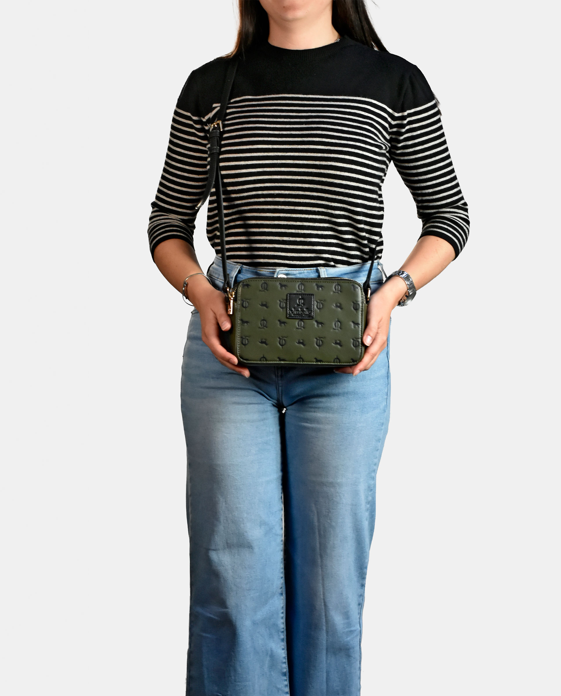 Mala a Tiracolo em Material Sintético Gravado com Fecho de Correr Duplo - Preto Verde-escuro-4