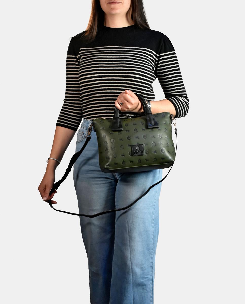 Mala Shopper em Tecido Sintético Gravado Verde-escuro-5