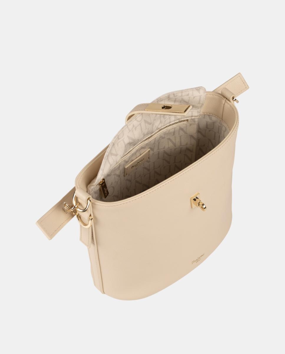 Mala de Formato Bucket Pequena em Couro Vegano com Textura Branco-3