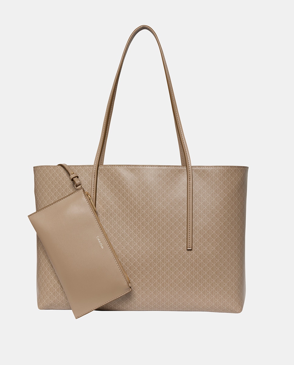 Mala Tipo Tote com Estampado de Monograma Bege-3