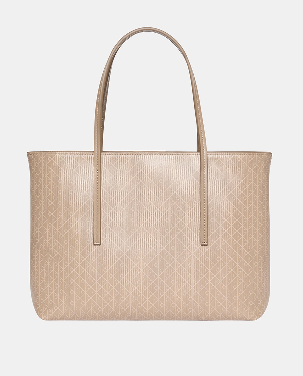 Mala Tipo Tote Pequena com Estampado de Monograma Bege-1