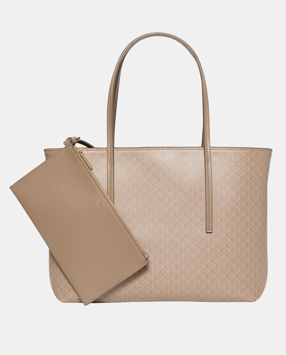 Mala Tipo Tote Pequena com Estampado de Monograma Bege-2