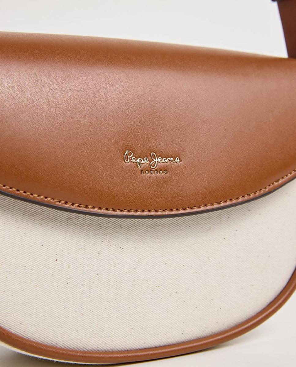 Mala Saddle Crisha Tale em Combinação de Materiais com Tecido, Fecho de Aba Magnético e Logótipo à Frente Castanho-4