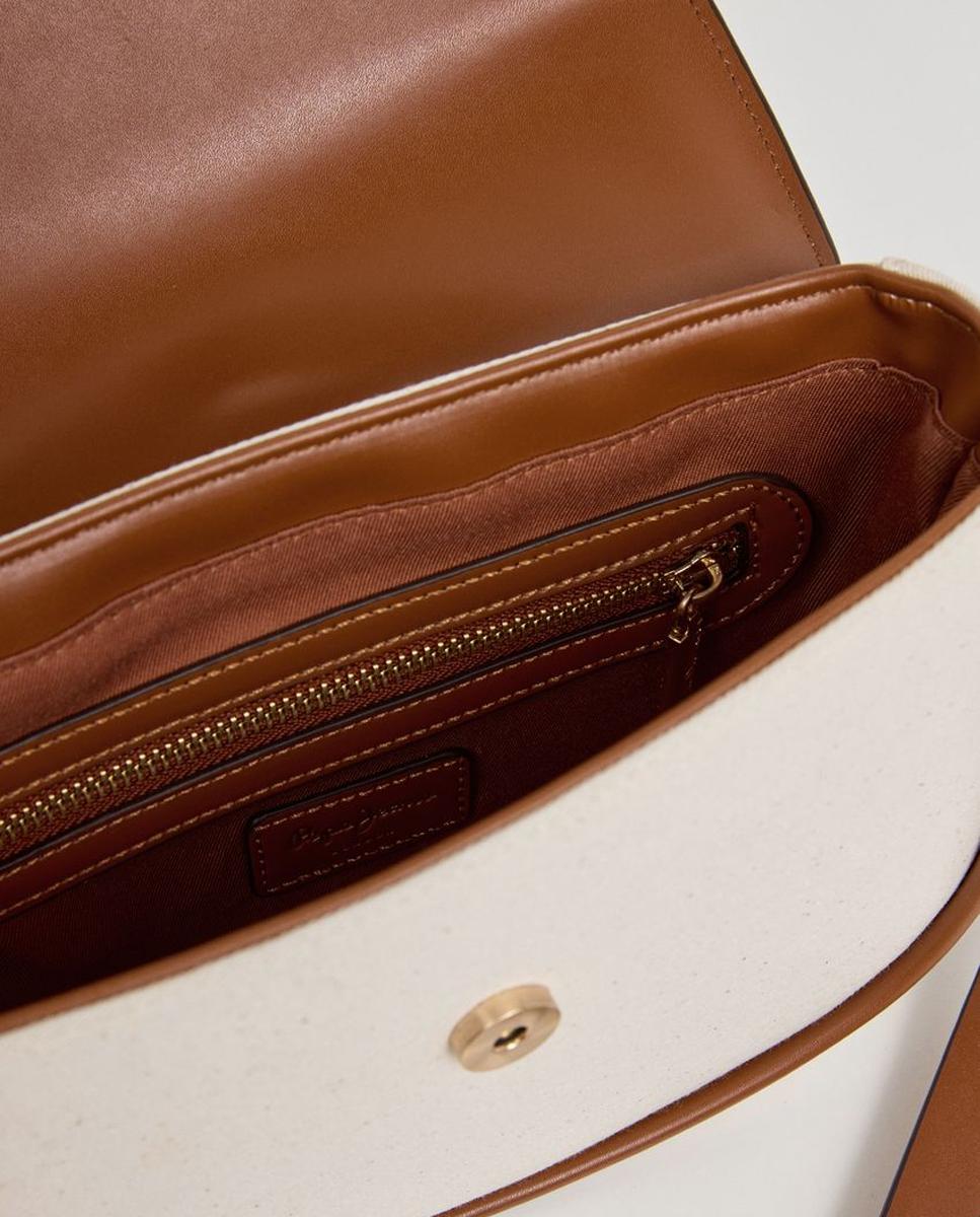 Mala Saddle Crisha Tale em Combinação de Materiais com Tecido, Fecho de Aba Magnético e Logótipo à Frente Castanho-5