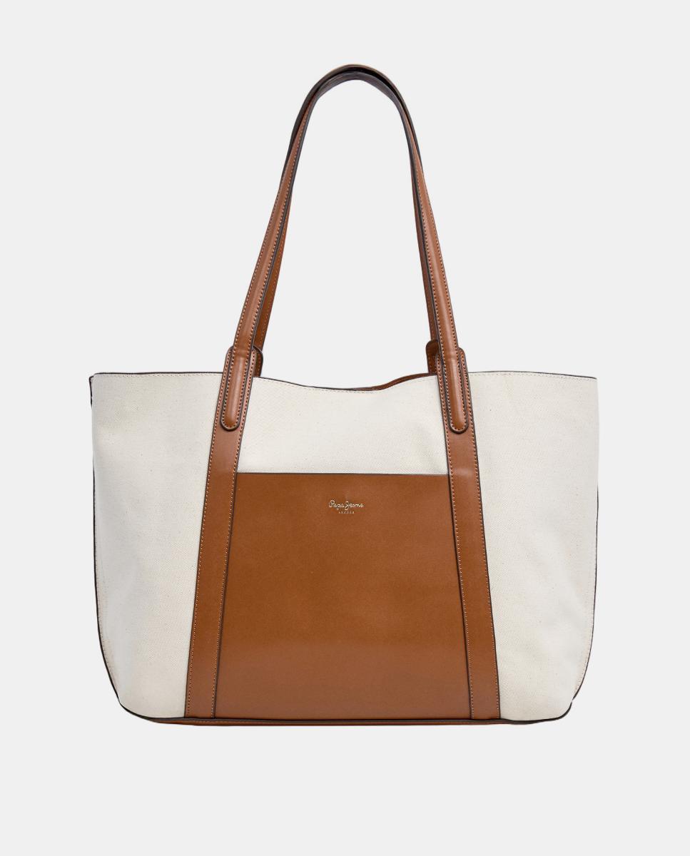 Imagem 0 de Mala Shopper Audrey Tale em Combinação de Materiais com Tecido, Alça Dupla e Logótipo à Frente