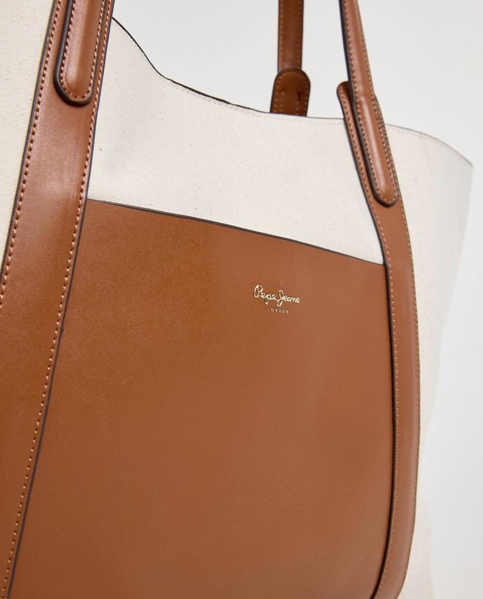 Bolso shopper Audrey Tale de combinación de materiales con tela, doble asa y logotipo frontal - Pepe Jeans - Marrón Marrón-3