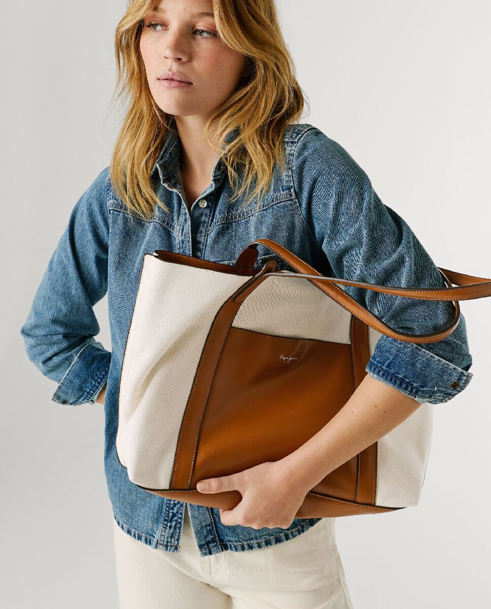 Bolso shopper Audrey Tale de combinación de materiales con tela, doble asa y logotipo frontal - Pepe Jeans - Marrón Marrón-6