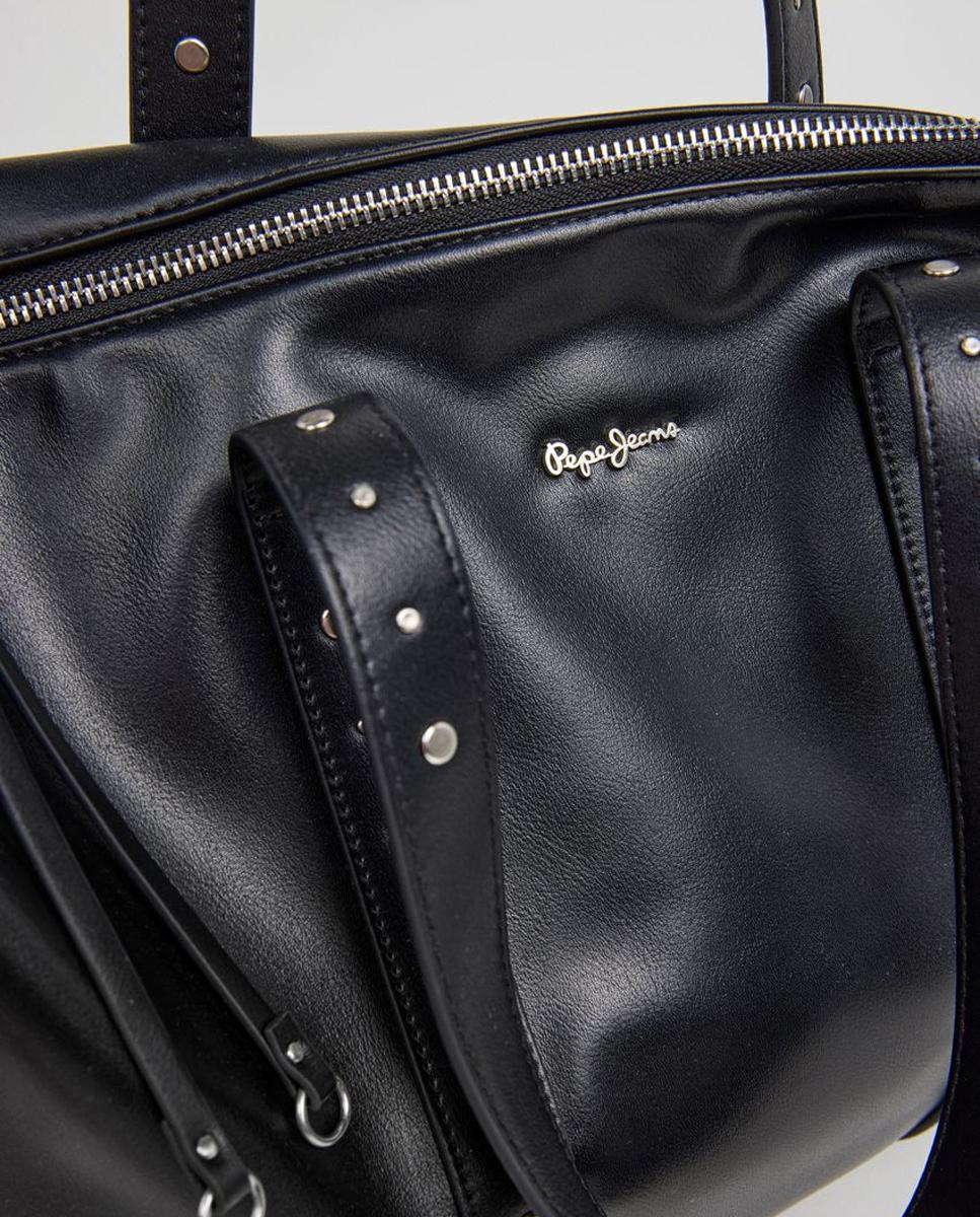 Mala Shopper Chelya Spring com Fecho de Correr, Alça Dupla com Rebites Metálicos e Logótipo à Frente Preto-3