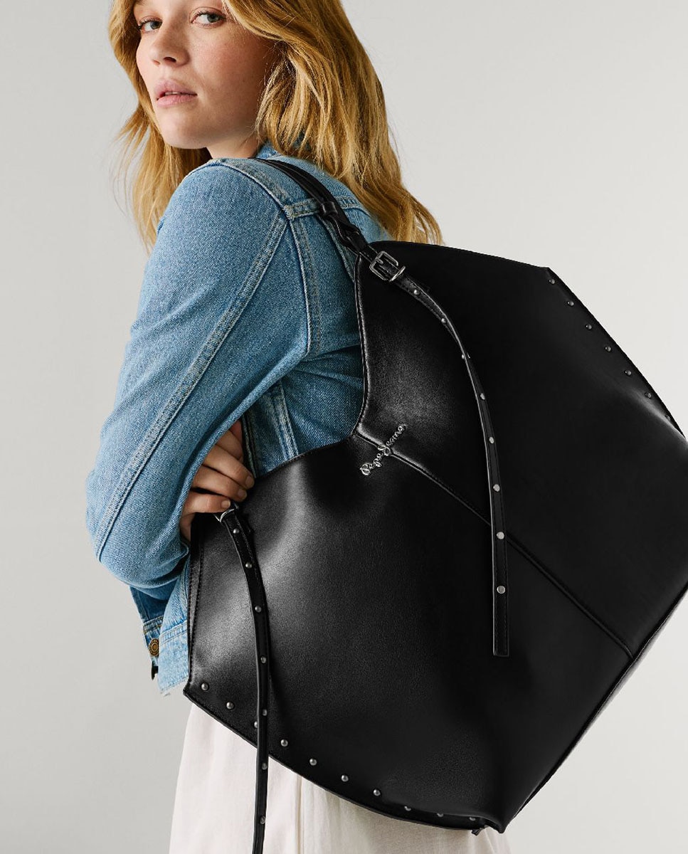 Mala Tipo Tote Teleri 'Carry All' com Fecho Magnético, Alça Dupla, Rebites Decorativos e Logótipo à Frente Preto-6
