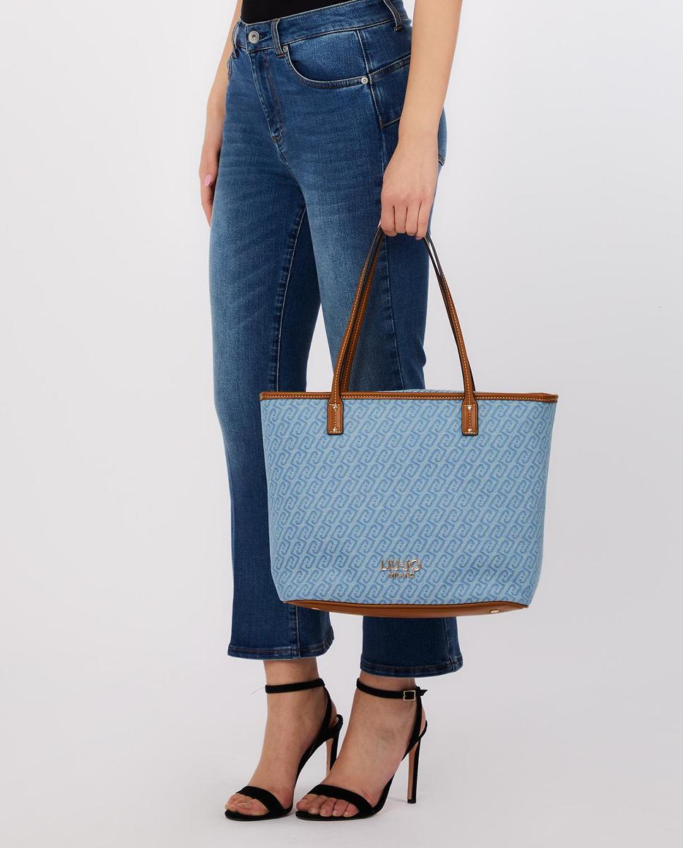 Mala Shopper de Ganga com Logótipo e Fecho de Correr Azul-claro-5