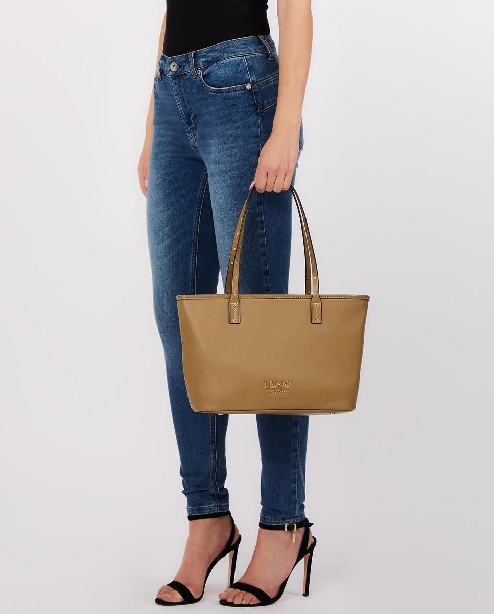 Mala Shopper Média com Efeito de Pele e Fecho de Correr Verde-militar-5