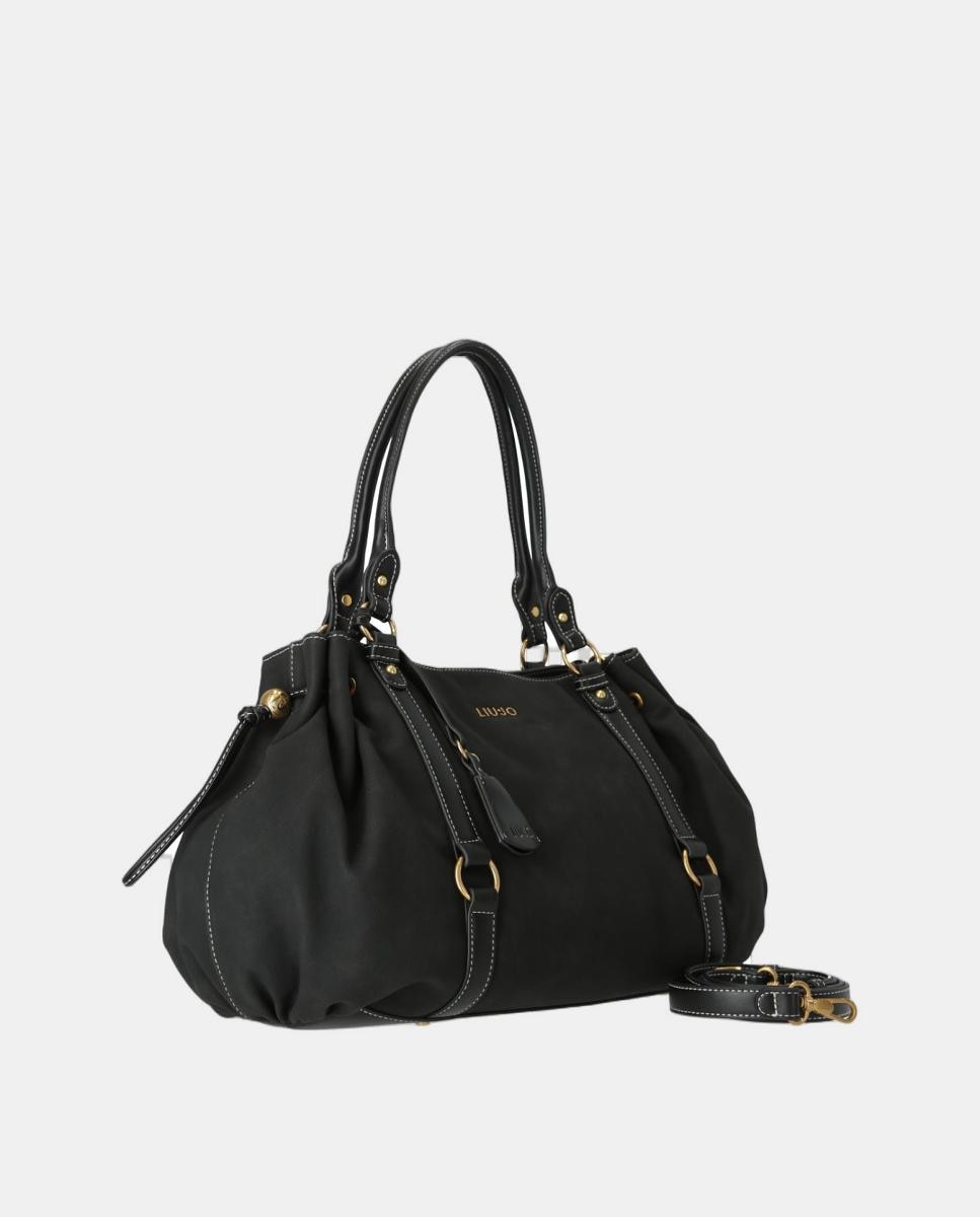 Mala Shopper com Efeito de Pele com Lavagem e Detalhes de Correias Preto-2