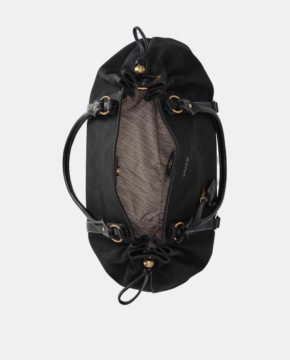 Mala Shopper com Efeito de Pele com Lavagem e Detalhes de Correias Preto-3