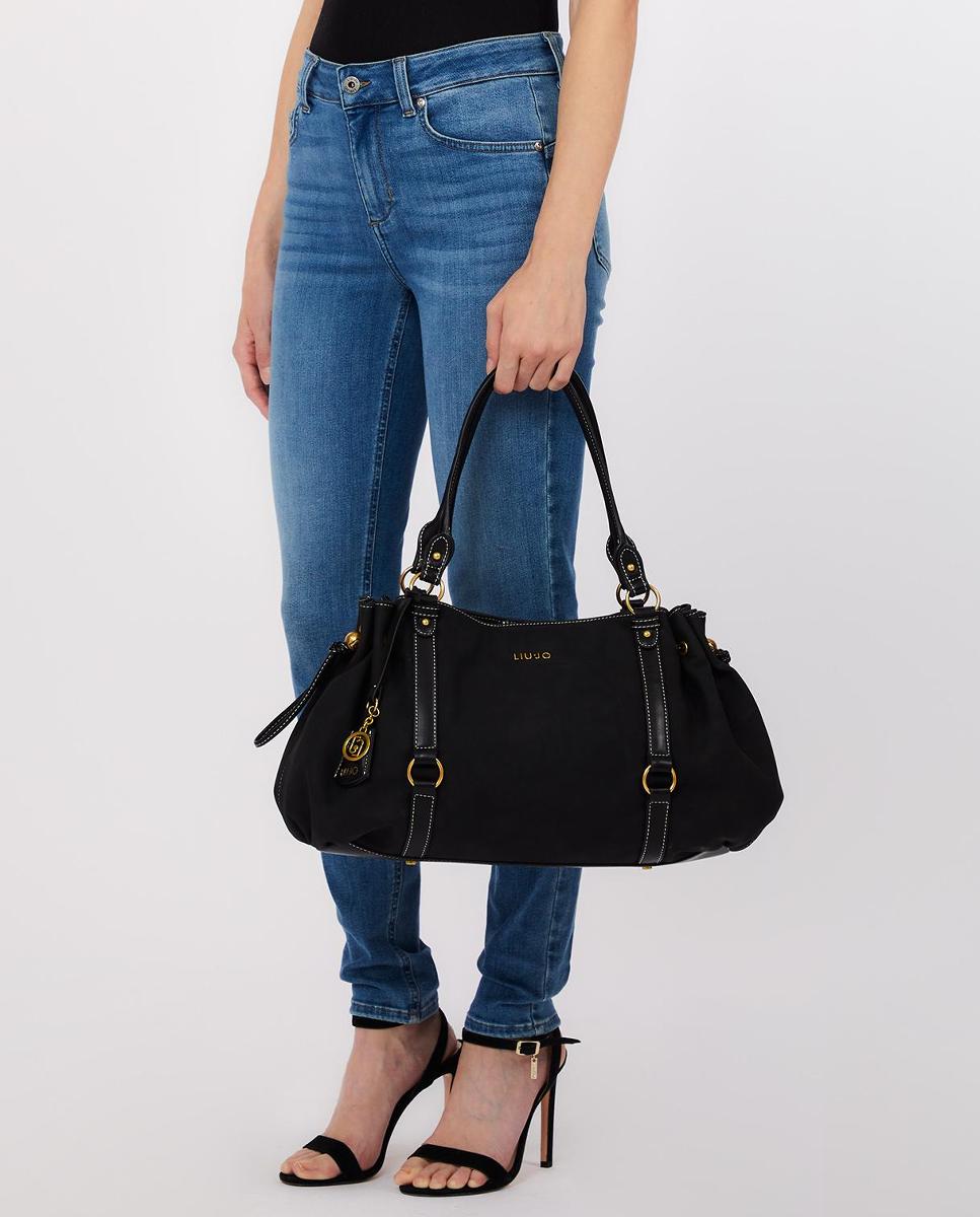 Mala Shopper com Efeito de Pele com Lavagem e Detalhes de Correias Preto-4