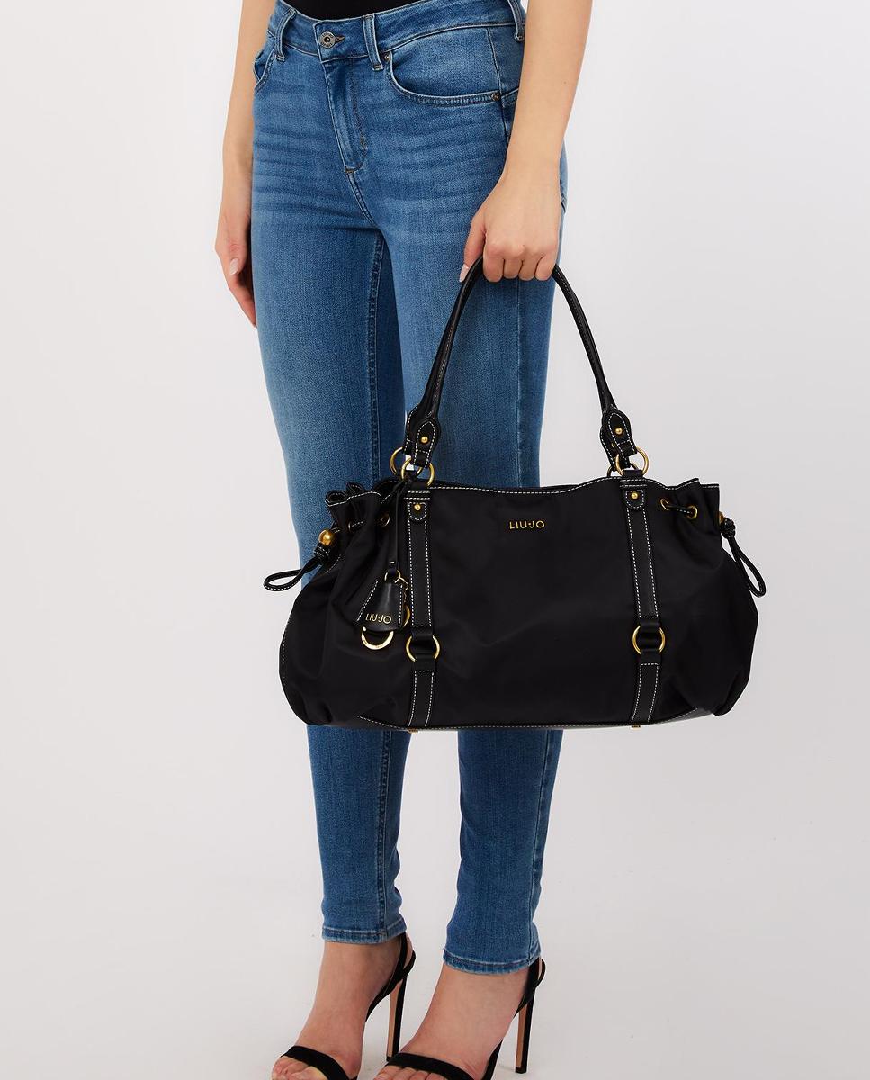 Mala Shopper com Efeito de Pele com Lavagem e Detalhes de Correias Preto-5