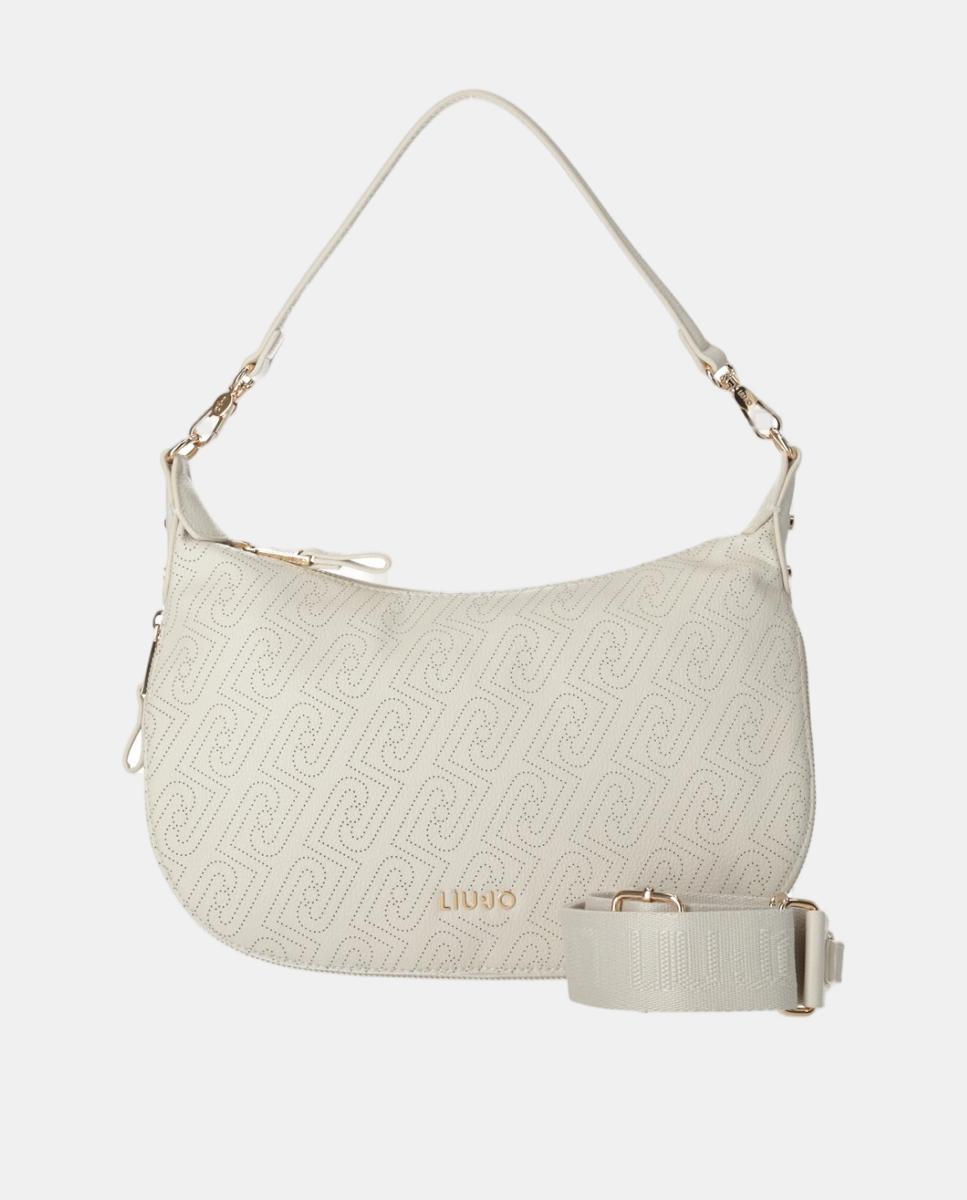 Mala Hobo com Detalhe de Logótipo Pontilhado e Alça Dupla Creme-1