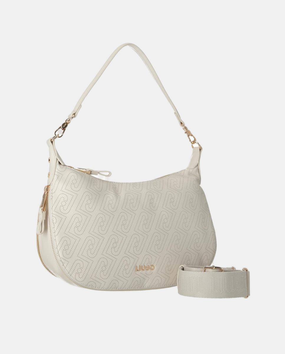 Mala Hobo com Detalhe de Logótipo Pontilhado e Alça Dupla Creme-2