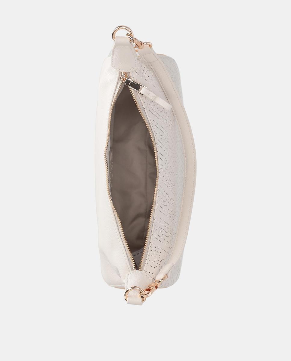 Mala Hobo com Detalhe de Logótipo Pontilhado e Alça Dupla Creme-4