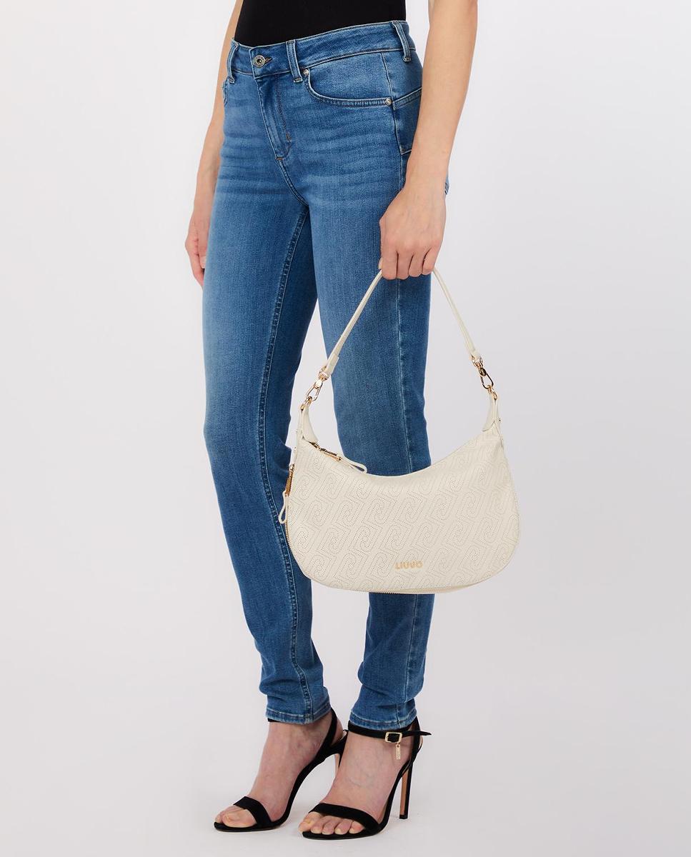 Mala Hobo com Detalhe de Logótipo Pontilhado e Alça Dupla Creme-5