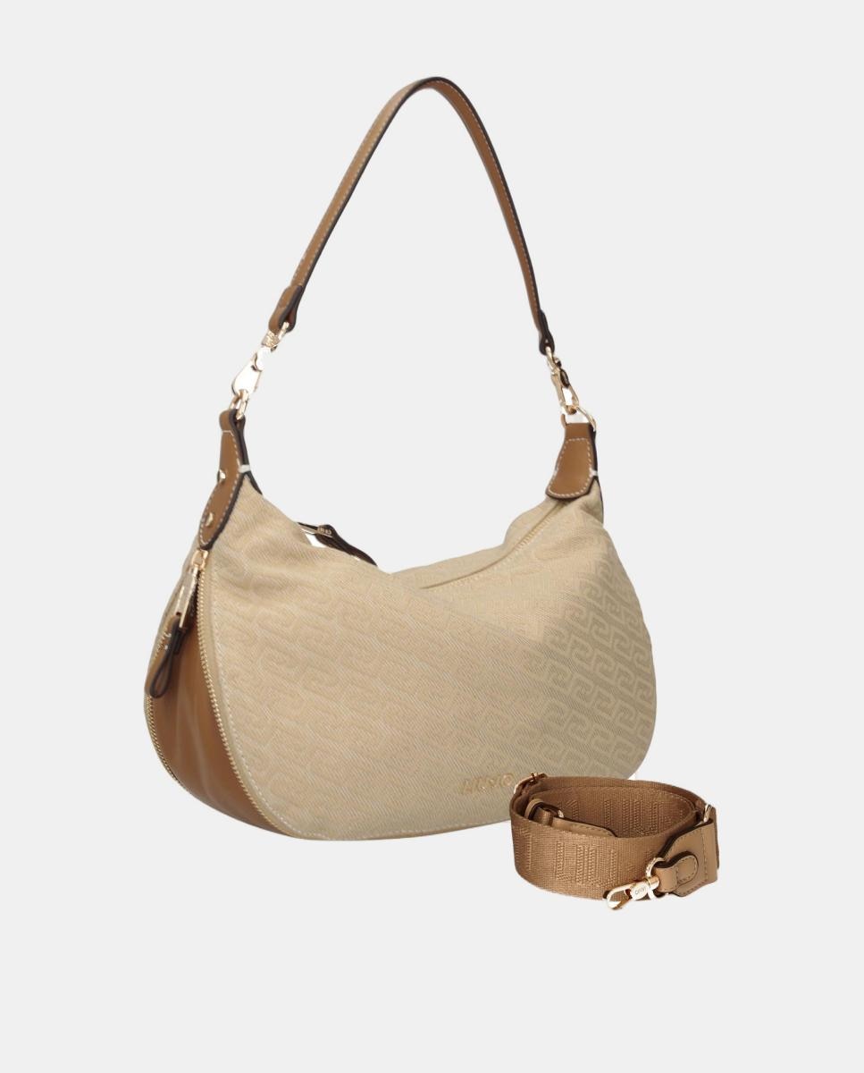 Mala Hobo em Tecido Pontilhado com Detalhe de Logótipo e Alça Dupla Natural-2
