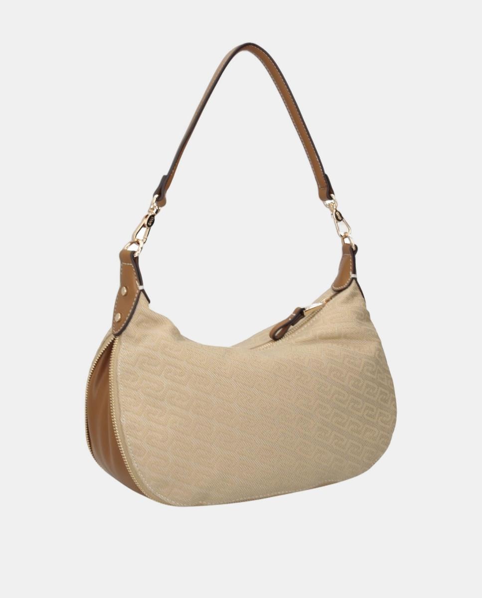 Mala Hobo em Tecido Pontilhado com Detalhe de Logótipo e Alça Dupla Natural-3