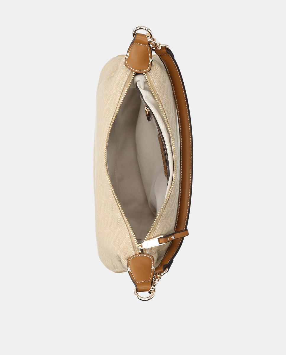 Mala Hobo em Tecido Pontilhado com Detalhe de Logótipo e Alça Dupla Natural-4