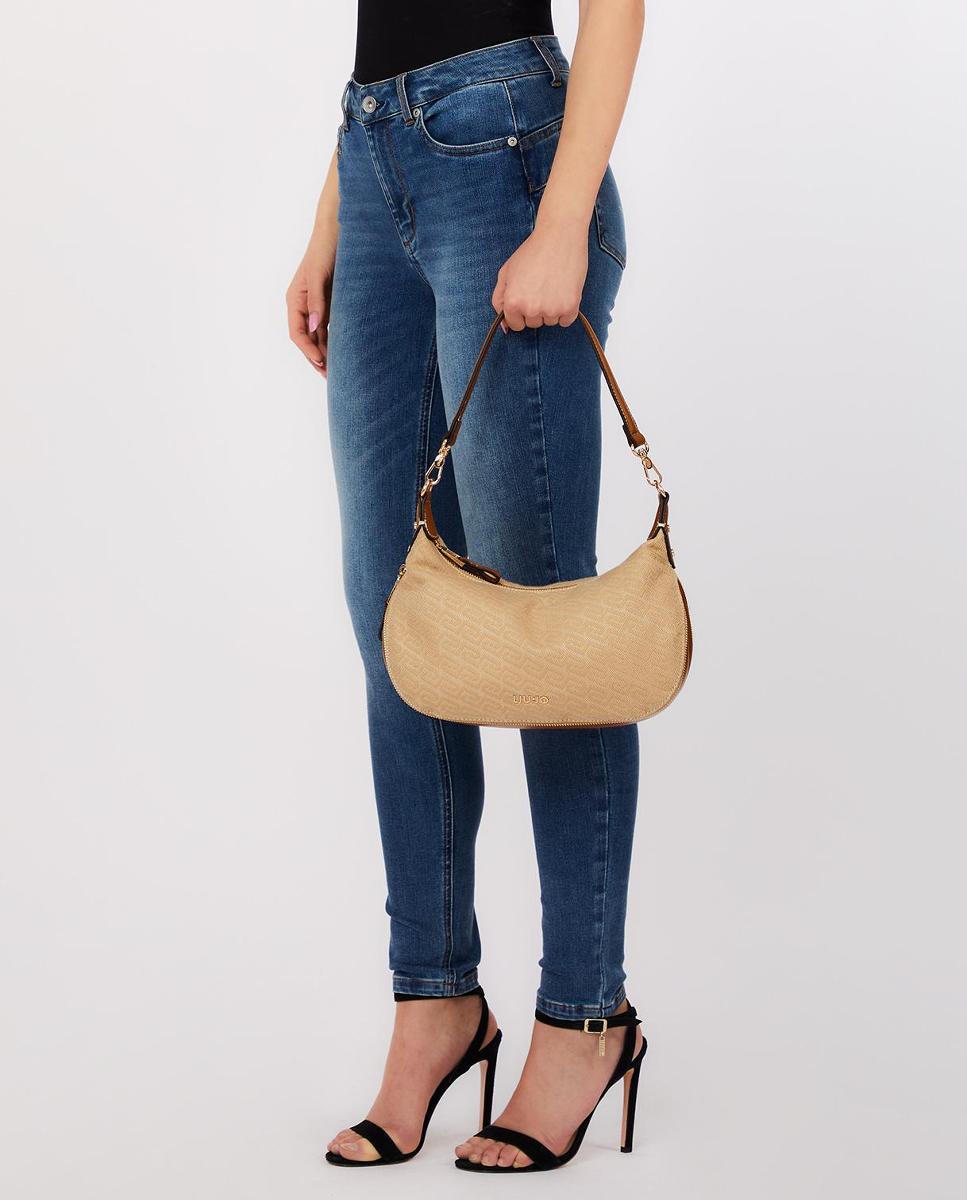 Mala Hobo em Tecido Pontilhado com Detalhe de Logótipo e Alça Dupla Natural-5