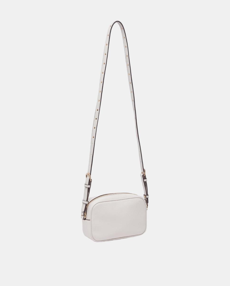 Mala a Tiracolo com Efeito de Pele, Alça Ajustável e Detalhe de Micro Tacha Creme-3
