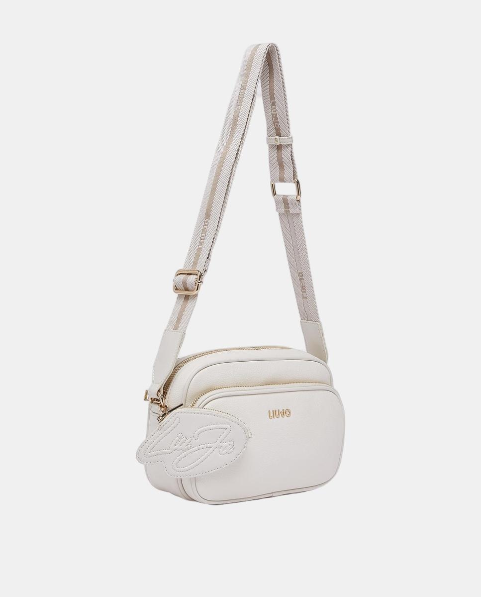 Mala a Tiracolo com Efeito de Pele, Bolso à Frente e Alça em Tecido Creme-2
