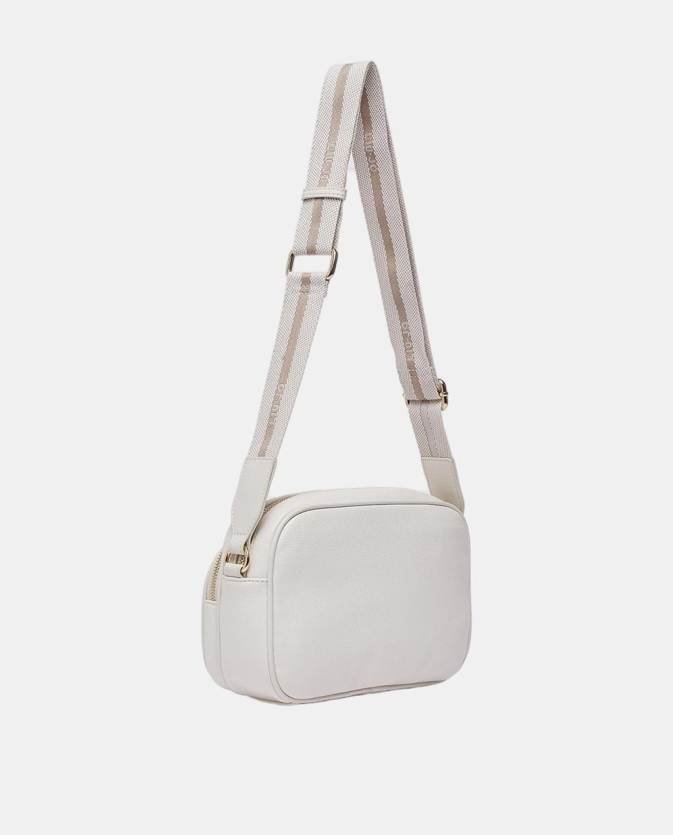 Mala a Tiracolo com Efeito de Pele, Bolso à Frente e Alça em Tecido Creme-3