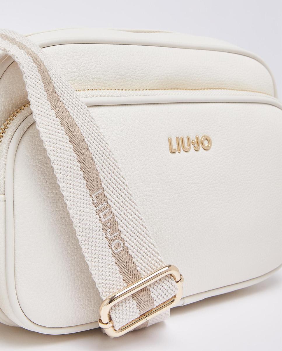 Mala a Tiracolo com Efeito de Pele, Bolso à Frente e Alça em Tecido Creme-5