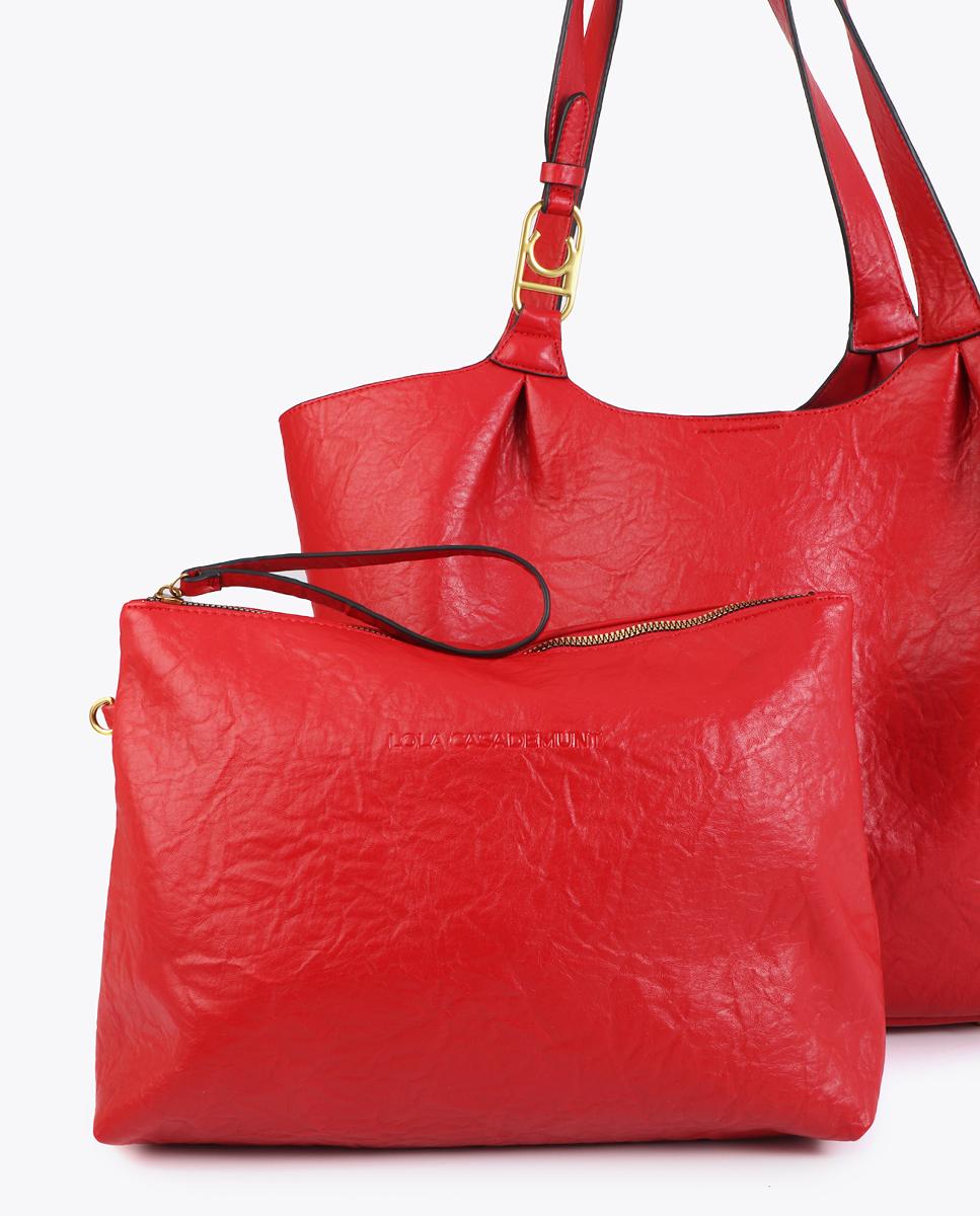 Mala Shopper com Pregas e Logótipo na Alça Vermelho-6