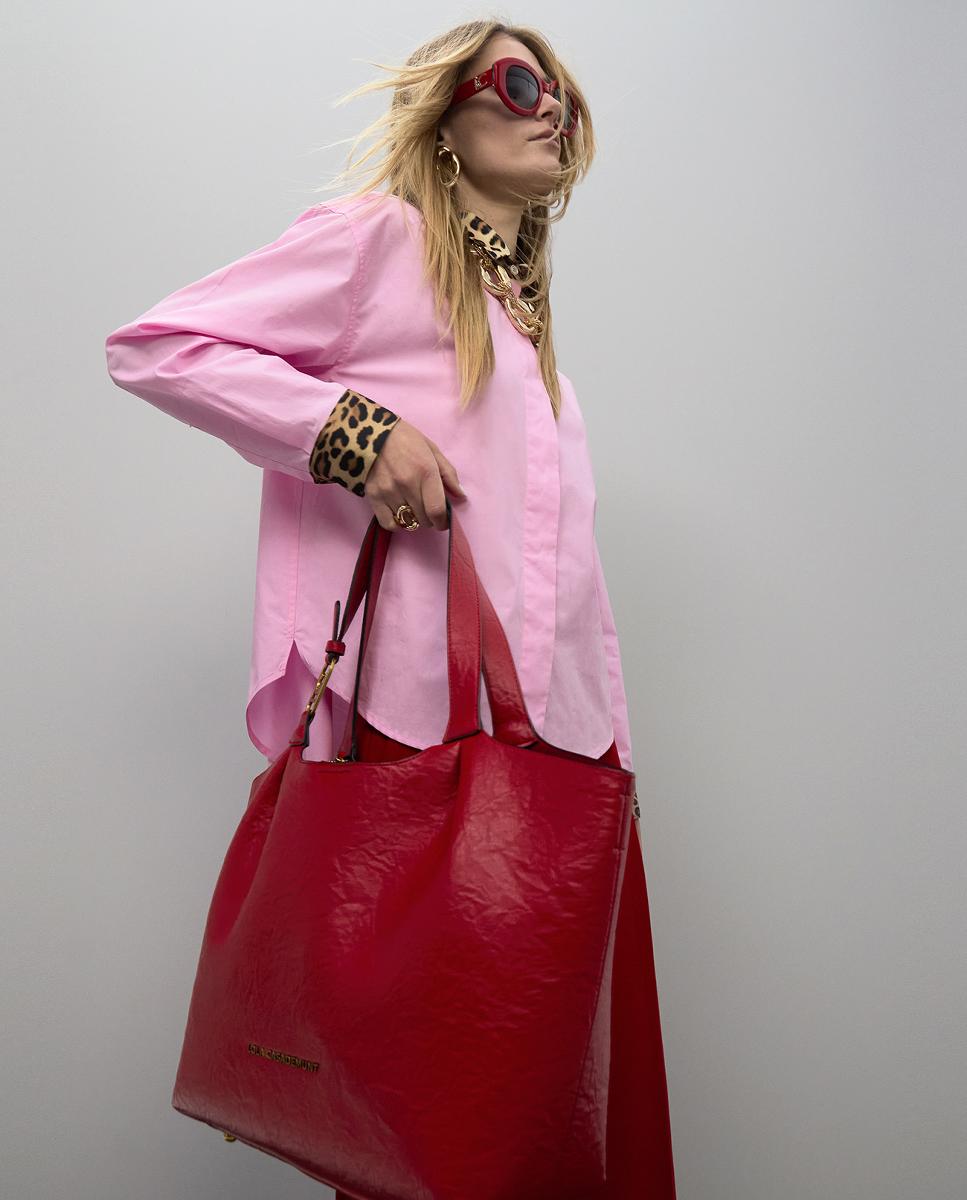 Mala Shopper com Pregas e Logótipo na Alça Vermelho-12