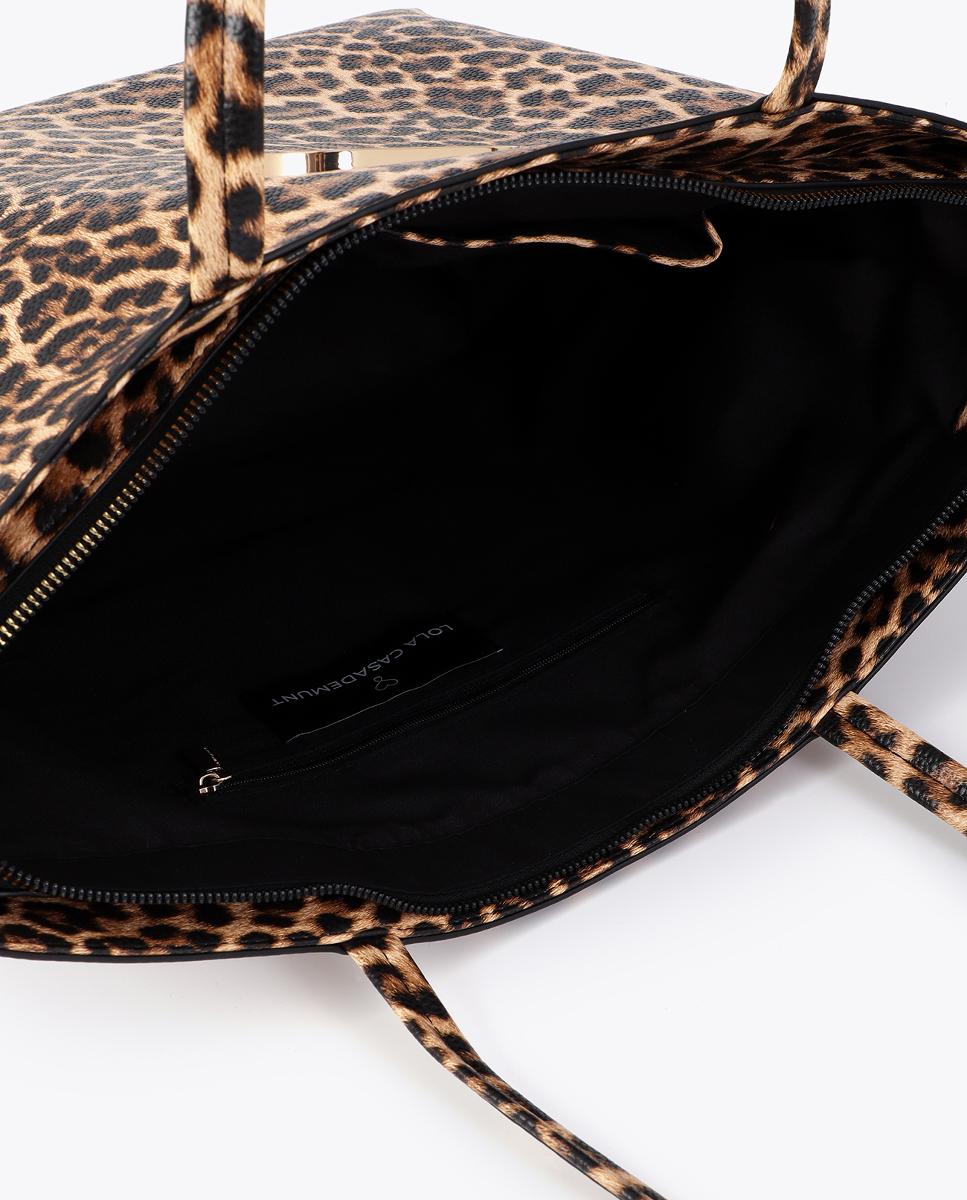 Mala Shopper Básica com Animal Print de Leopardo Castanho-escuro-5