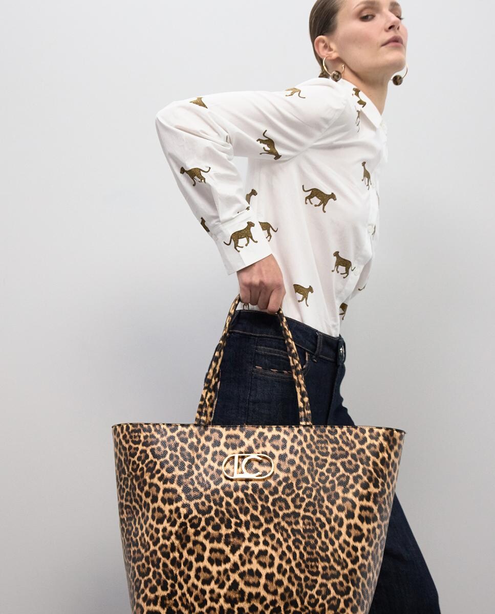 Mala Shopper Básica com Animal Print de Leopardo Castanho-escuro-7