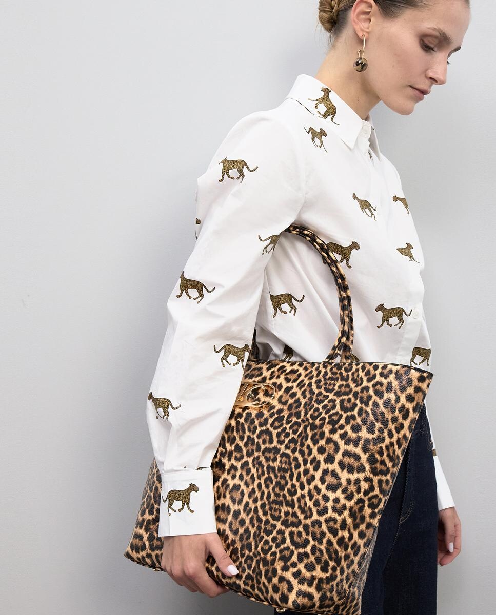 Mala Shopper Básica com Animal Print de Leopardo Castanho-escuro-9