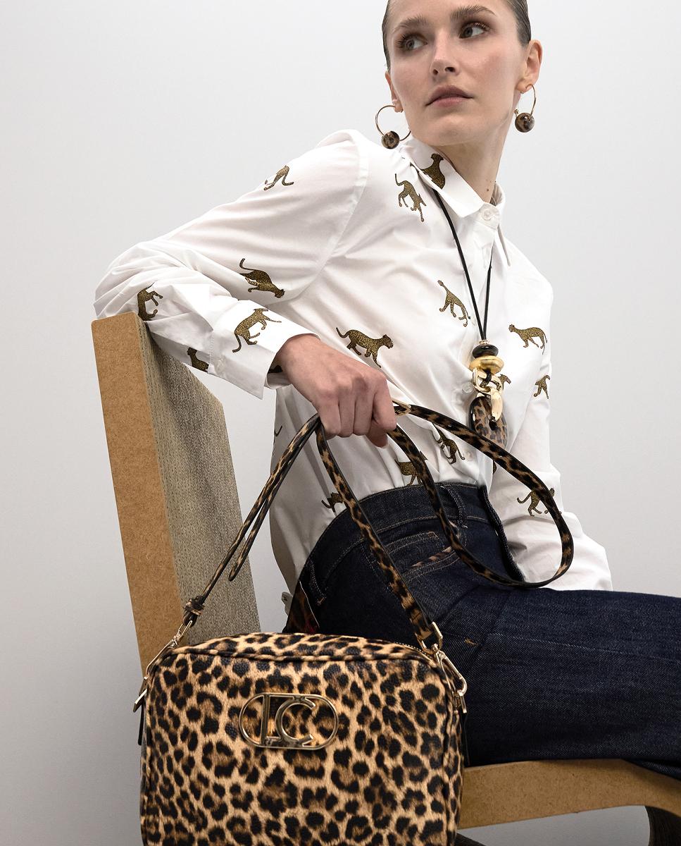 Mala a Tiracolo Básica com Animal Print de Leopardo Castanho-escuro-3