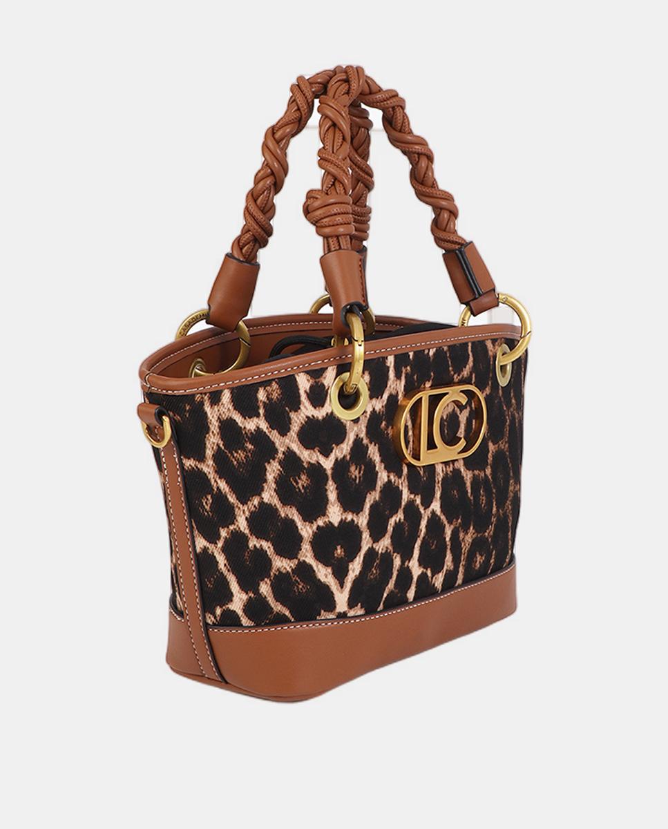 Mini Cesta com Animal Print de Leopardo e Efeito de Pele Castanho-escuro-5