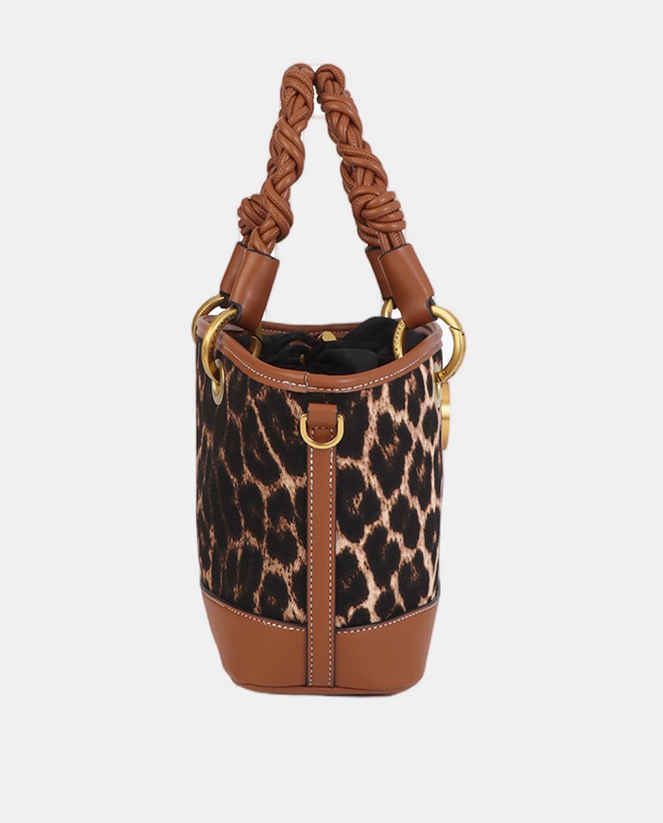 Mini Cesta com Animal Print de Leopardo e Efeito de Pele Castanho-escuro-6