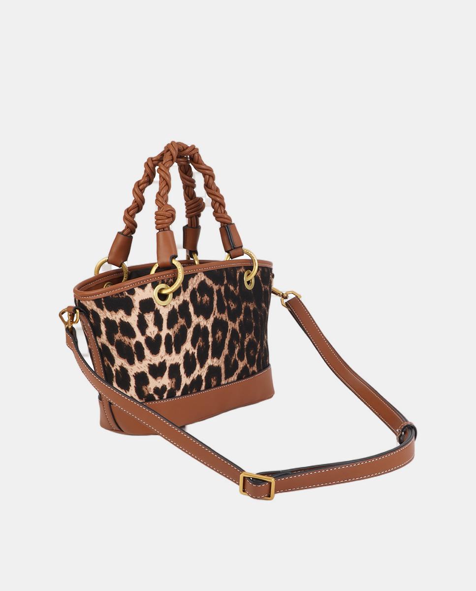 Mini Cesta com Animal Print de Leopardo e Efeito de Pele Castanho-escuro-7